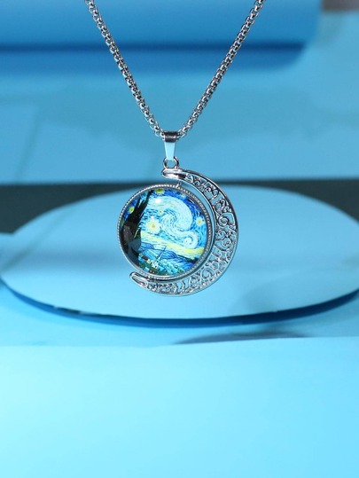 1 Stück modische Zinklegierung Ölgemälde Muster rund & Mond Charm Halskette für Männer Frauen für die tägliche Dekoration