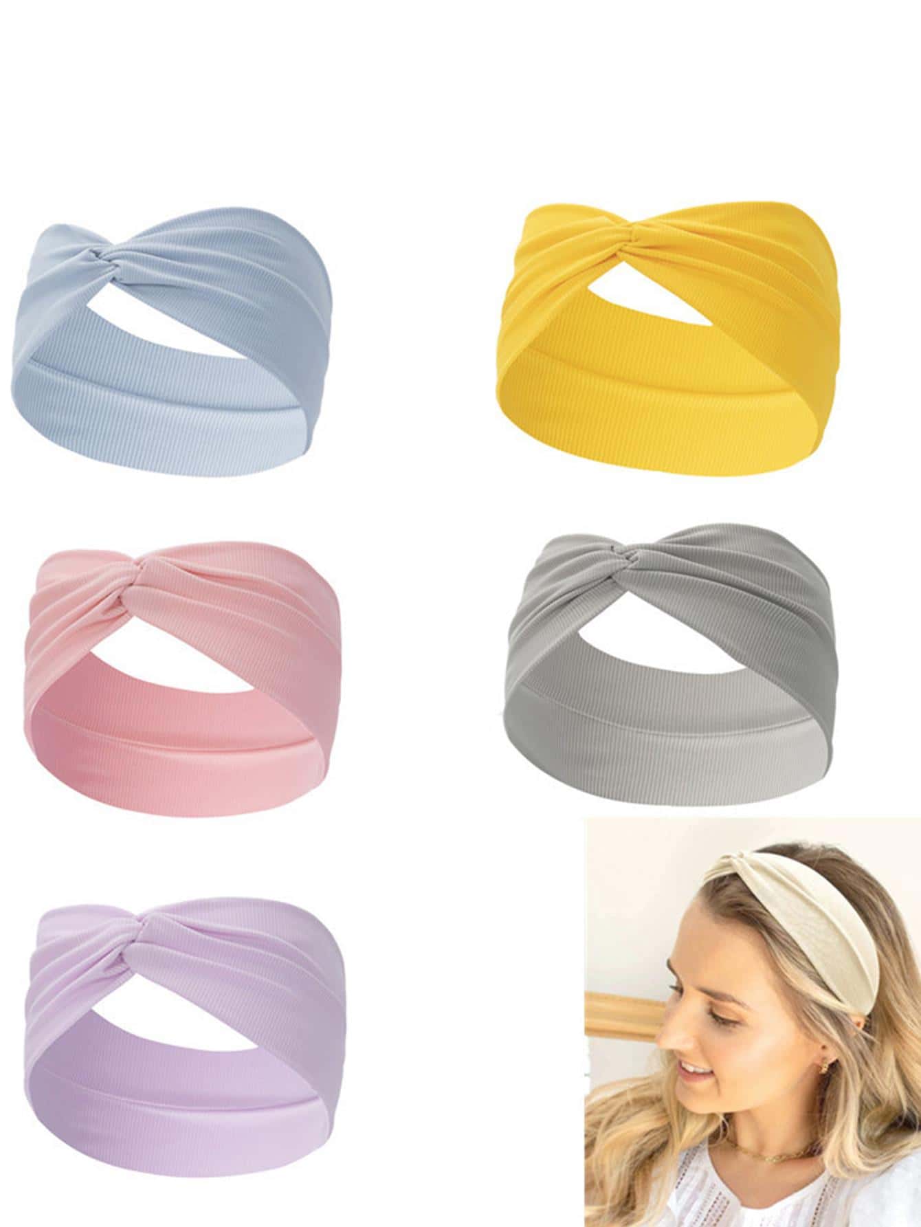 5 件装 女士扭纹细节时尚发带 适合运动头带 头巾头带 吸汗带 - 彩色 - 查看 1