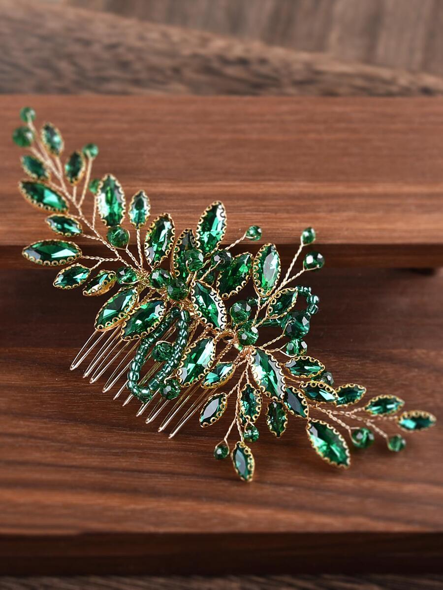 1pc Women Rhinestone Decor Glamorous Hair Comb For Daily Decoration Royal Tiaras Combs For Hair Side Comb, School Stuff, Wedding, Hair Accessories, Head Accessories, Hair Accessories For Women - Green - View 1