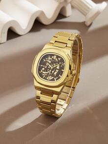 Hollow Out Gold Stainless Steel Bottom Automatic Mechanical Watch For Young People With Casual Style - Black - View 4