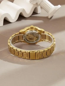 Hollow Out Gold Stainless Steel Bottom Automatic Mechanical Watch For Young People With Casual Style - Black - View 3