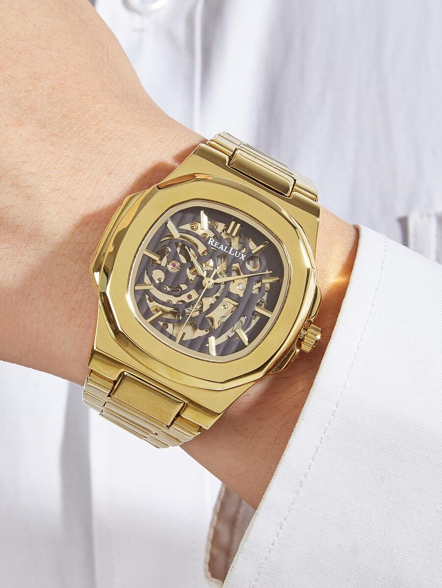 Hollow Out Gold Stainless Steel Bottom Automatic Mechanical Watch For Young People With Casual Style - Black - View 1