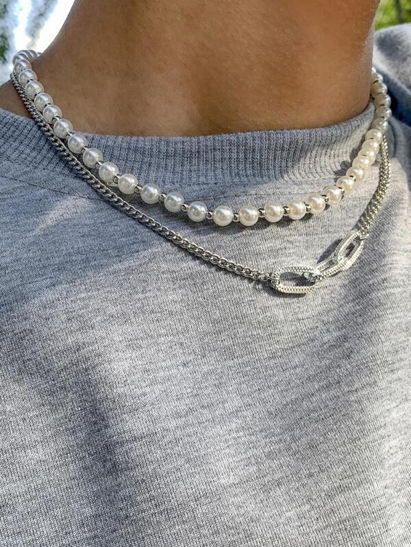 Fashionable Faux Pearl Decor Necklace For Men Women For Daily Decoration Ferroalloy Multicolor