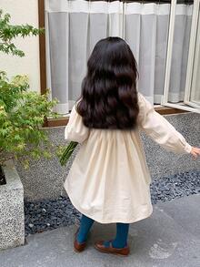 小女童花卉刺繡荷葉邊娃娃裙 - 米色 - 查看 4