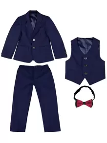 小男童前紐扣西裝外套和馬甲和褲子和領結 - 藏蓝色 - 查看 1