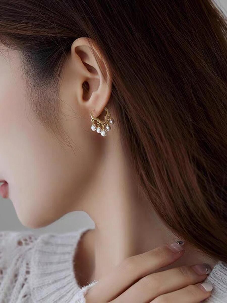 1雙時尚不銹鋼珍珠流蘇耳墜適合女士日常裝飾 - 金黃色 - 查看 1