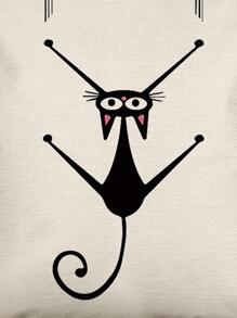 1入組卡通貓圖案靠墊套無填充物現代亞麻裝飾抱枕套家用 - 黑色 - 查看 3