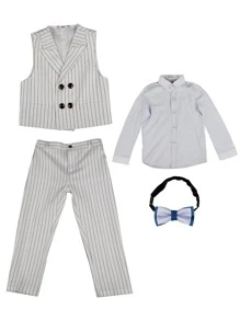 Niñito con estampado de rayas Blazer chaleco con pantalones & con lazo delantero Camisa - Blanco - Ver 4