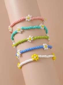 5 piezas/set Pulsera con cuenta de moda con diseño de flor para mujeres para decoración diaria - Multicolor - Ver 3