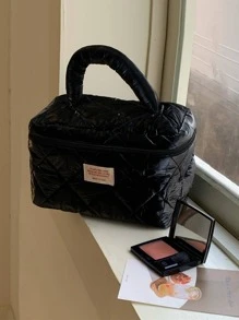 1pc Quilted Detail Letter Patch Decor Storage Bag, Modern Portable Polyamide Storage Bag For Home - Black - View 4