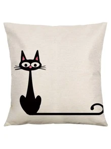 1入組貓圖案靠墊套無填充物現代亞麻裝飾抱枕套 - 黑色 - 查看 2