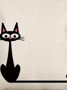 1入組貓圖案靠墊套無填充物現代亞麻裝飾抱枕套 - 黑色 - 查看 3