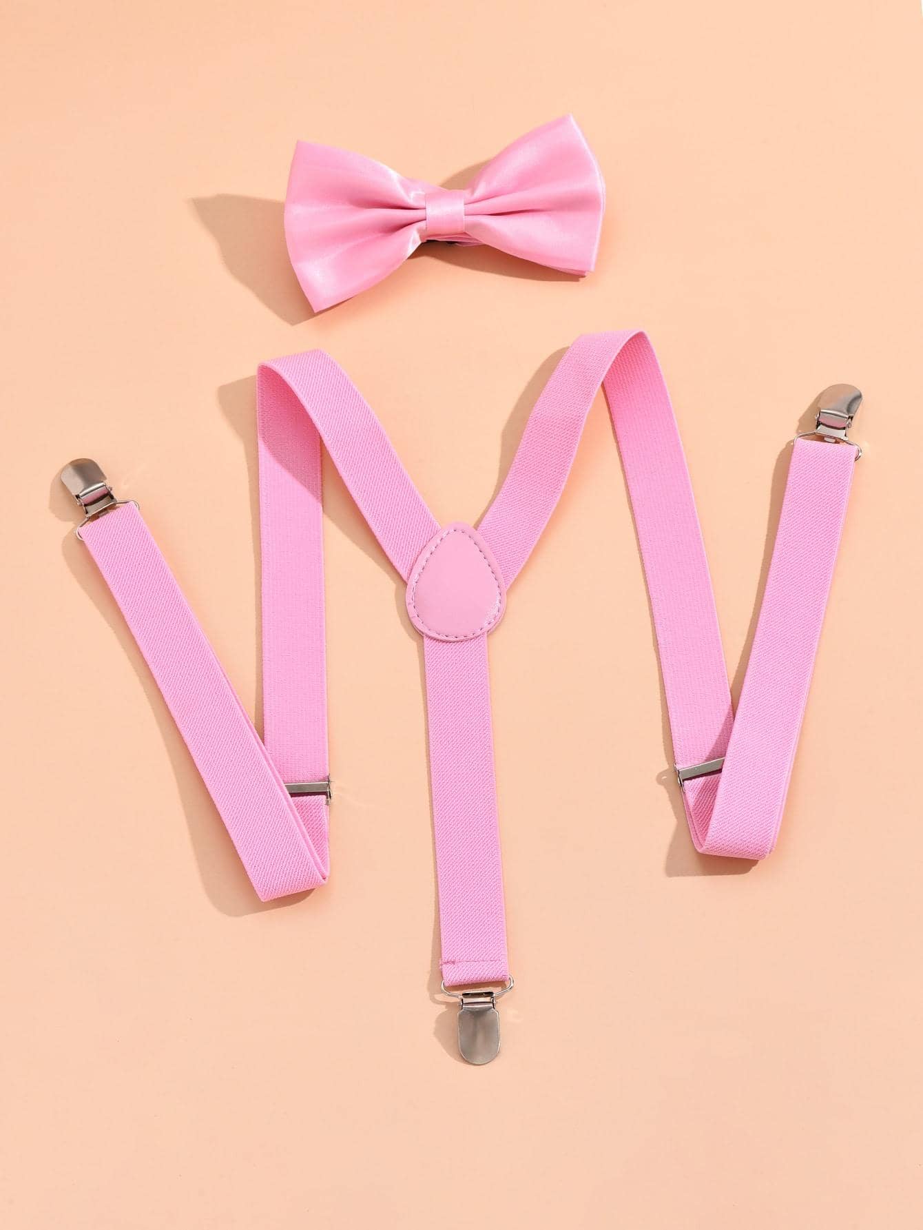 1 件男孩纯色学院风领结和 1 件吊带，适合日常装饰 - 淺粉色 - 查看 1