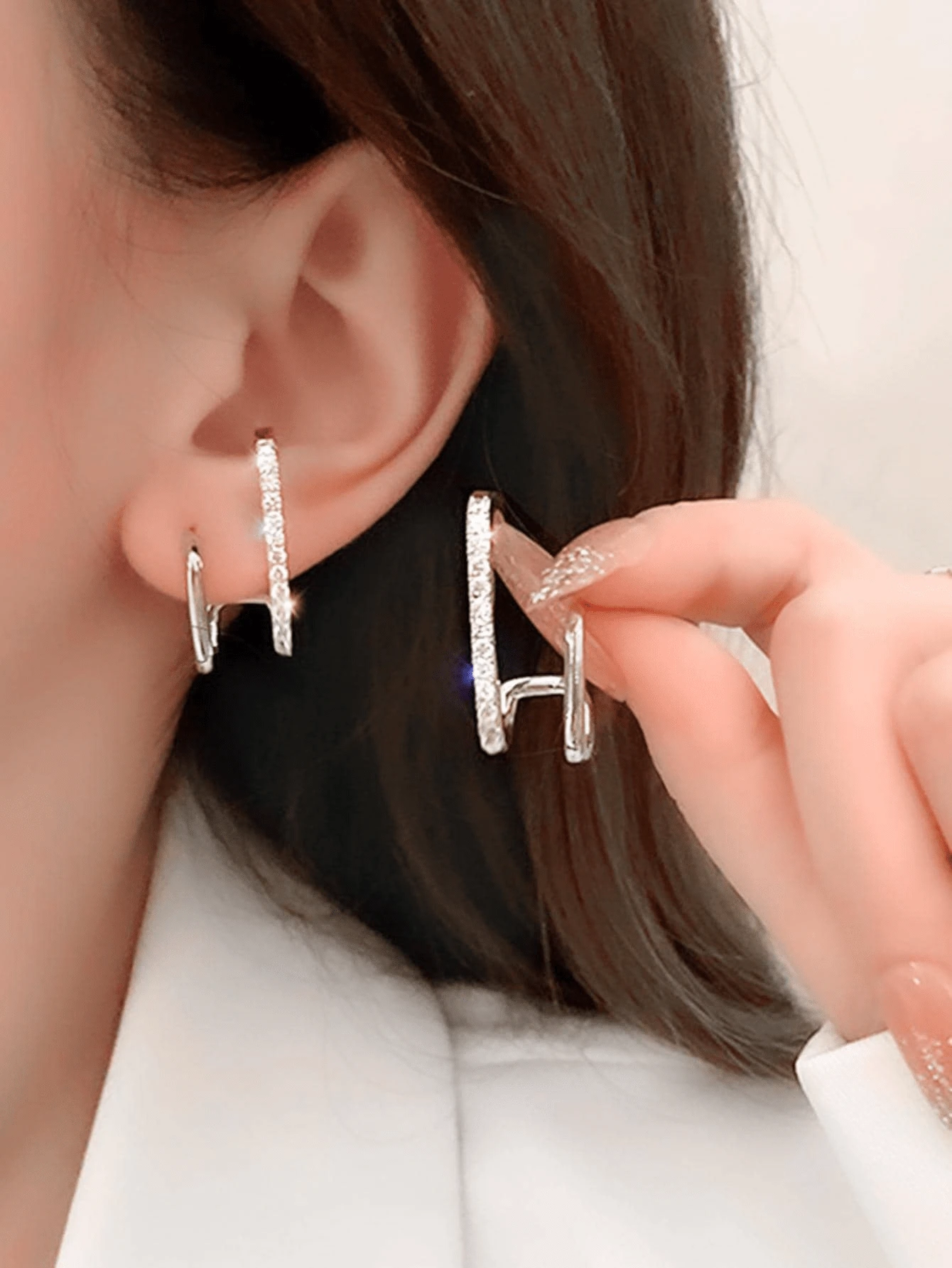 Rhinestone Decor Stud Earrings - Silver - View 1