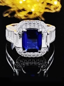 MOONSO 1入組奢華方晶鋯石方形裝飾戒指適合女士適用於禮品適合派對宴會婚禮 - 藍色 - 查看 1