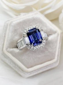 MOONSO 1入組奢華方晶鋯石方形裝飾戒指適合女士適用於禮品適合派對宴會婚禮 - 藍色 - 查看 6