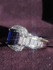 MOONSO 1入組奢華方晶鋯石方形裝飾戒指適合女士適用於禮品適合派對宴會婚禮 - 藍色 - 查看 2