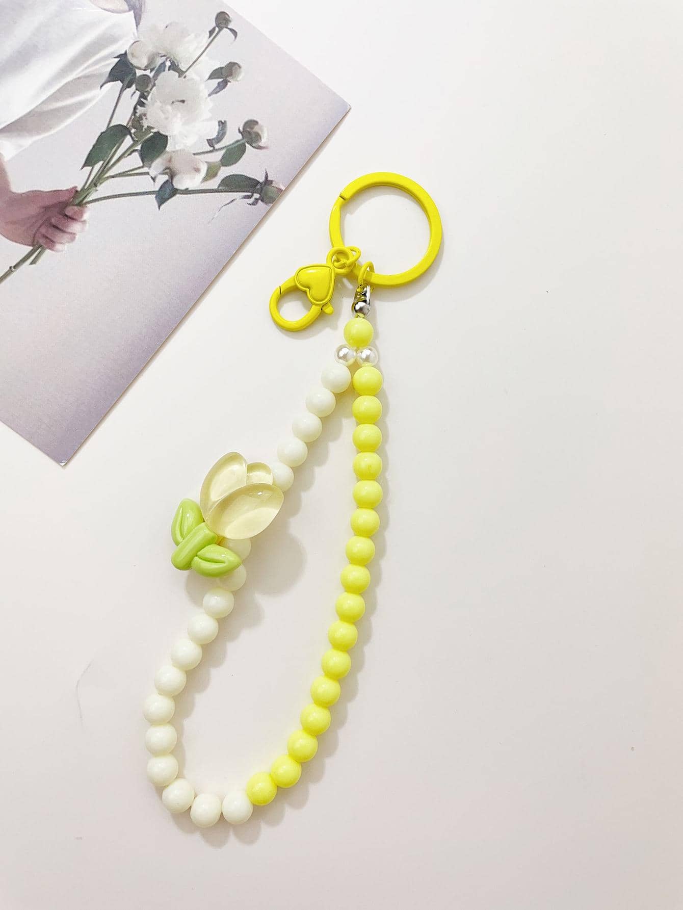 Flower & Bead Decor Keychain - Yellow - View 1