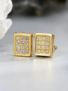 Charm-In 1 对简约方形锆石耳钉，镀金铜耳环镶嵌璀璨锆石，时尚珠宝，送给女朋友的礼物，纪念品 - 金黃色 - 查看 1