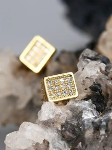Charm-In 1 对简约方形锆石耳钉，镀金铜耳环镶嵌璀璨锆石，时尚珠宝，送给女朋友的礼物，纪念品 - 金黃色 - 查看 3