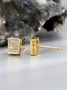 Charm-In 1 对简约方形锆石耳钉，镀金铜耳环镶嵌璀璨锆石，时尚珠宝，送给女朋友的礼物，纪念品 - 金黃色 - 查看 6