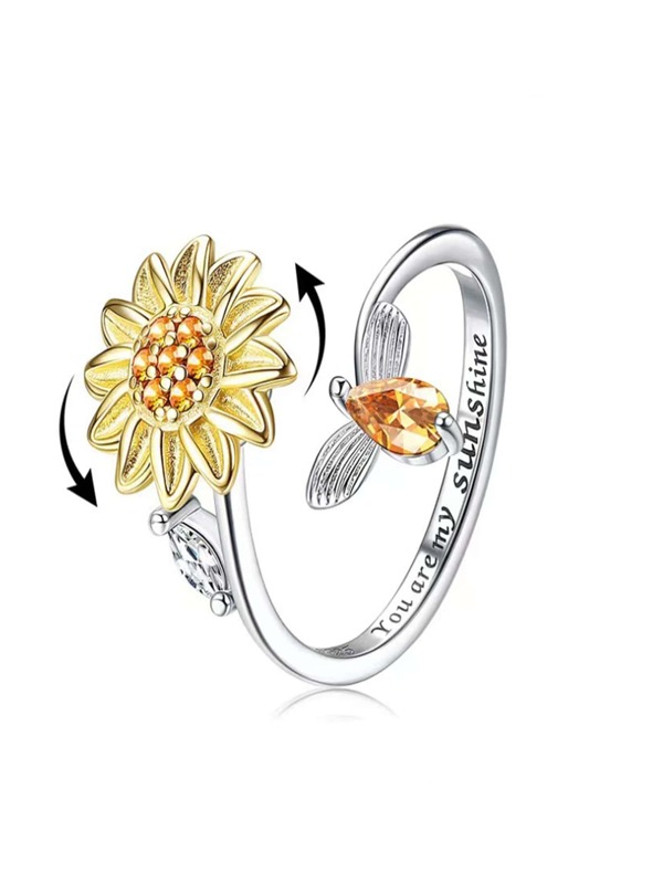 1 Pieza Anillo Giratorio Incrustado Con Diamantes, Elegante Y De Moda Para Mujeres, Anillo Giratorio Anti-ansiedad, Reducción Del Estrés, Dulce Anillo Poco Conocido Para Mujeres, Anillo Ajustable Adecuado Para Parejas En El Día De La Boda, Anillo De Cola De Dama, Anillo Giratorio De Abeja Y Crisantemo, Sencillo Y Moderno Accesorio De Mano Para Parejas, Anillo Conjunto Romántico Y Anillo De Cola