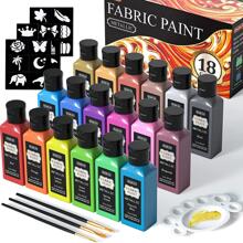 Metallic Fabric Paint, Shuttle Art 18 Metallic Colors Permanent Soft Fabric Paint in Bottles (60ml/2oz) with Brush and Stencils, Non-Toxic Textile Paint for Jeans, Bags & DIY Projects - Black - View 1