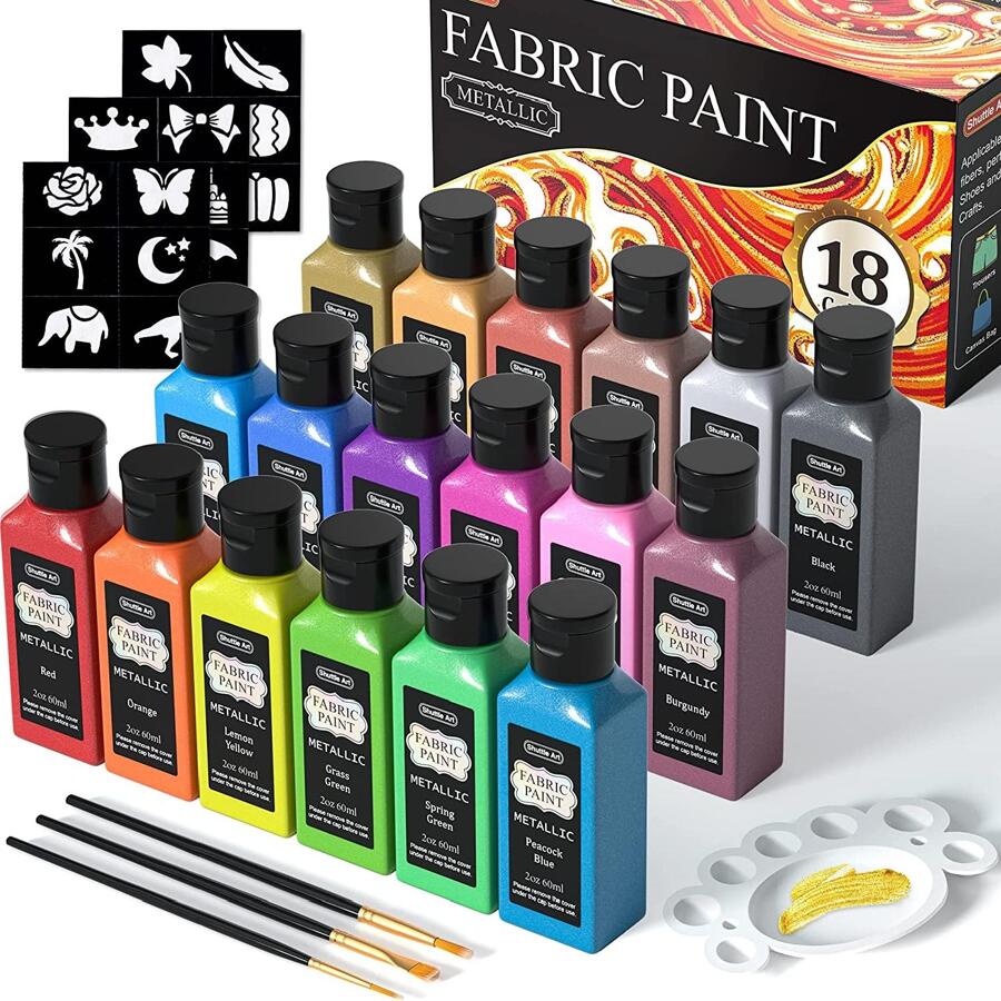 Metallic Fabric Paint, Shuttle Art 18 Metallic Colors Permanent Soft Fabric Paint in Bottles (60ml/2oz) with Brush and Stencils, Non-Toxic Textile Paint for Jeans, Bags & DIY Projects - Black - View 1