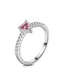 1 Bạc Thời Trang Đính Đá Cubic Zirconia Trang Trí Trái Tim Nhẫn Cho Nữ Trang Trí Hàng Ngày - Màu Hồng Tươi - Xem 4
