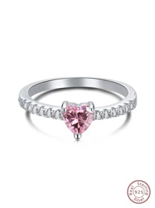 1 Bạc Thời Trang Đính Đá Cubic Zirconia Trang Trí Trái Tim Nhẫn Cho Nữ Trang Trí Hàng Ngày - Màu Hồng Tươi - Xem 1