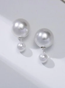 1對簡單個性化雙面淡水母想轉耳針,時尚多功能前後兩用大小耳環,適合有耳洞的女孩,時尚優雅的淡水母耳環 - 白色 - 查看 4