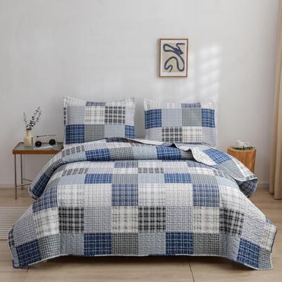 Plaid Quilt Set Blue White Patchwork Bedding Lightweight Buffalo Checkered Bedspread Coverlet All Season Home Bedding Decor with 2 Pillowshams
