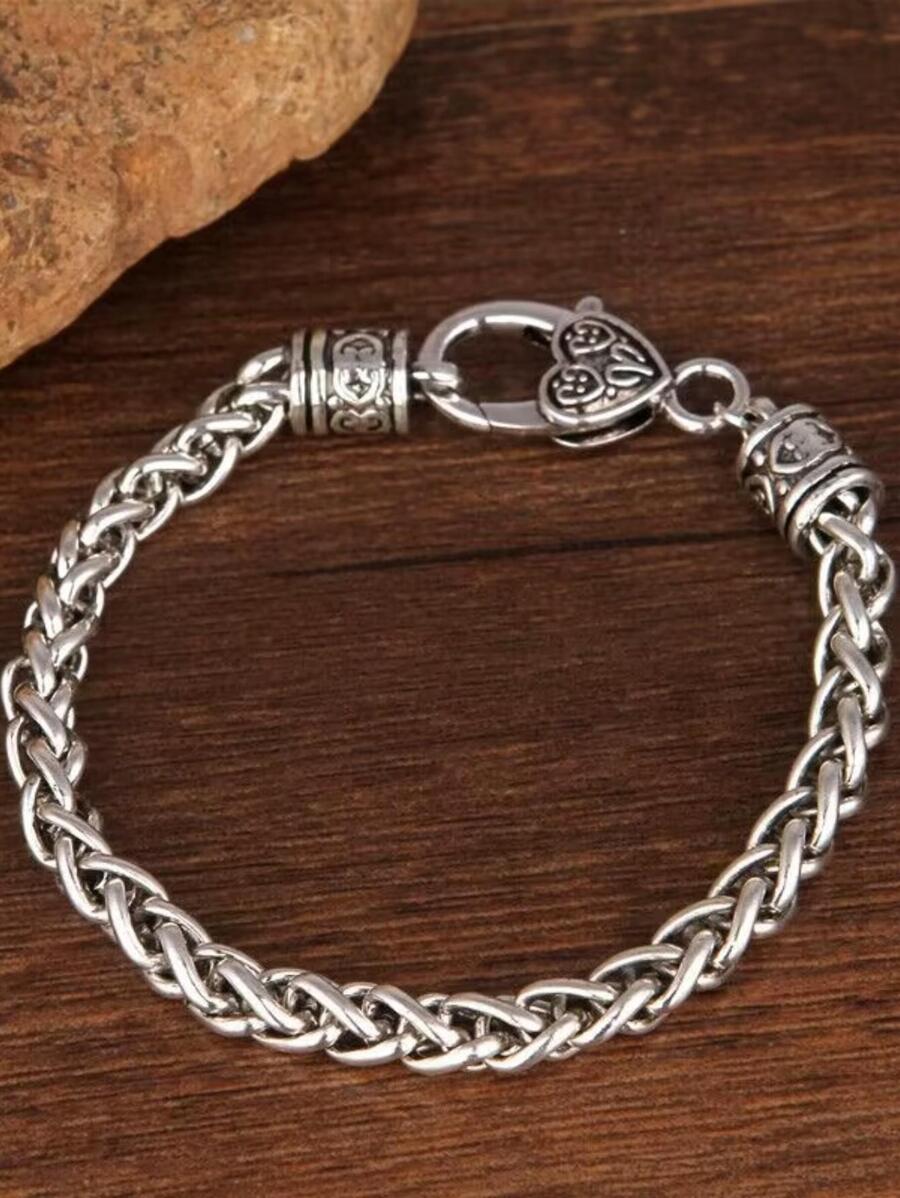 1入組時尚鋅合金搭扣設計手鏈適合女士日常裝飾 - 復古銀色 - 查看 1