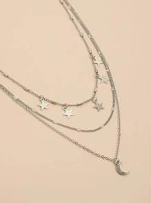 1pc Fashion Zinc Alloy Star & Moon Charm Layered Necklace For Women For Daily Decoration - Antique Silver - View 4