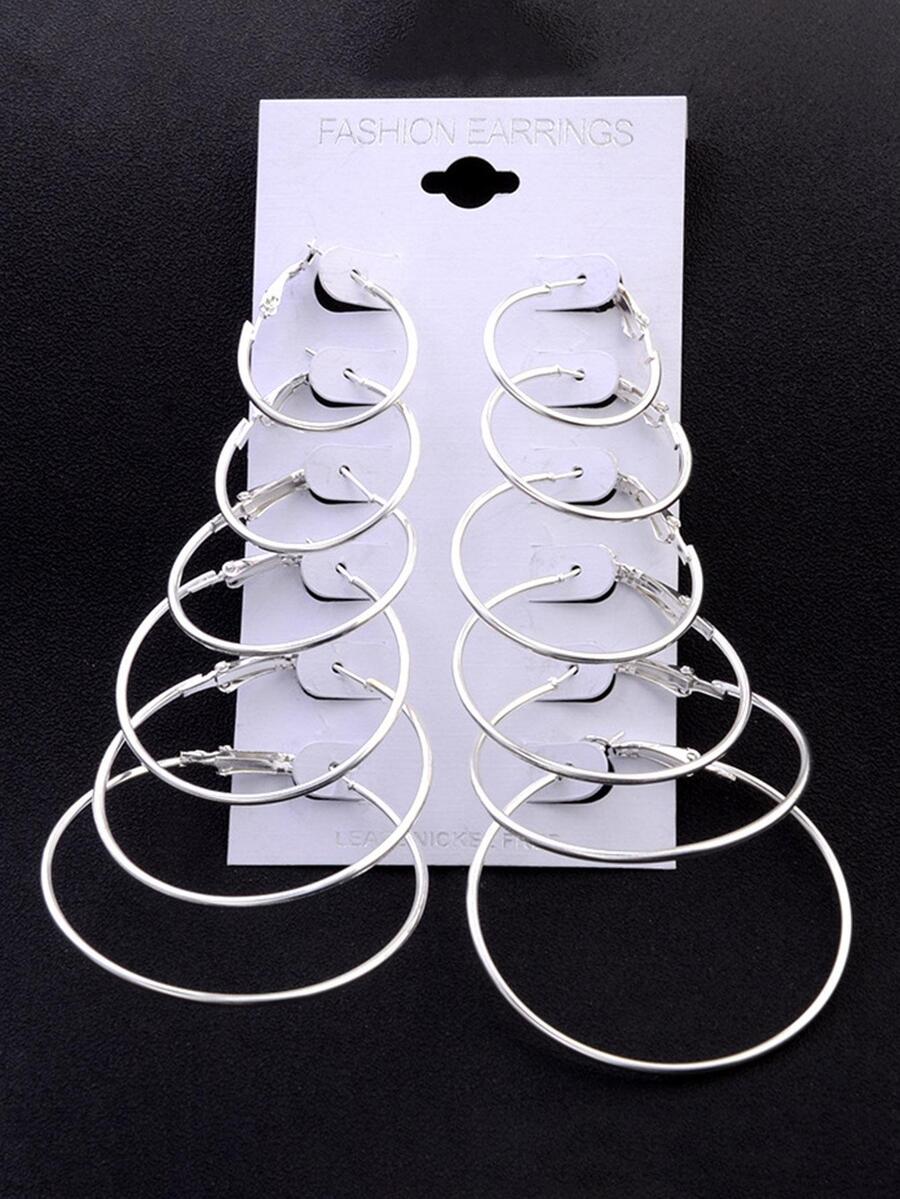 6對/套時尚銅合金極簡圓耳環適合女士日常裝飾 - 銀色 - 查看 1