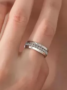 1入組精美不銹鋼方晶鋯石裝飾戒指適合男士女士日常裝飾,適用於首飾類禮品和派對 - 銀色 - 查看 1