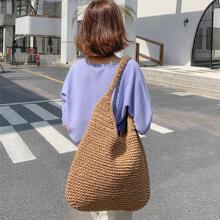 女士时尚编织包单肩腋下包沙滩手工草编包波西米亚风大容量手提包 - 棕色 - 查看 1