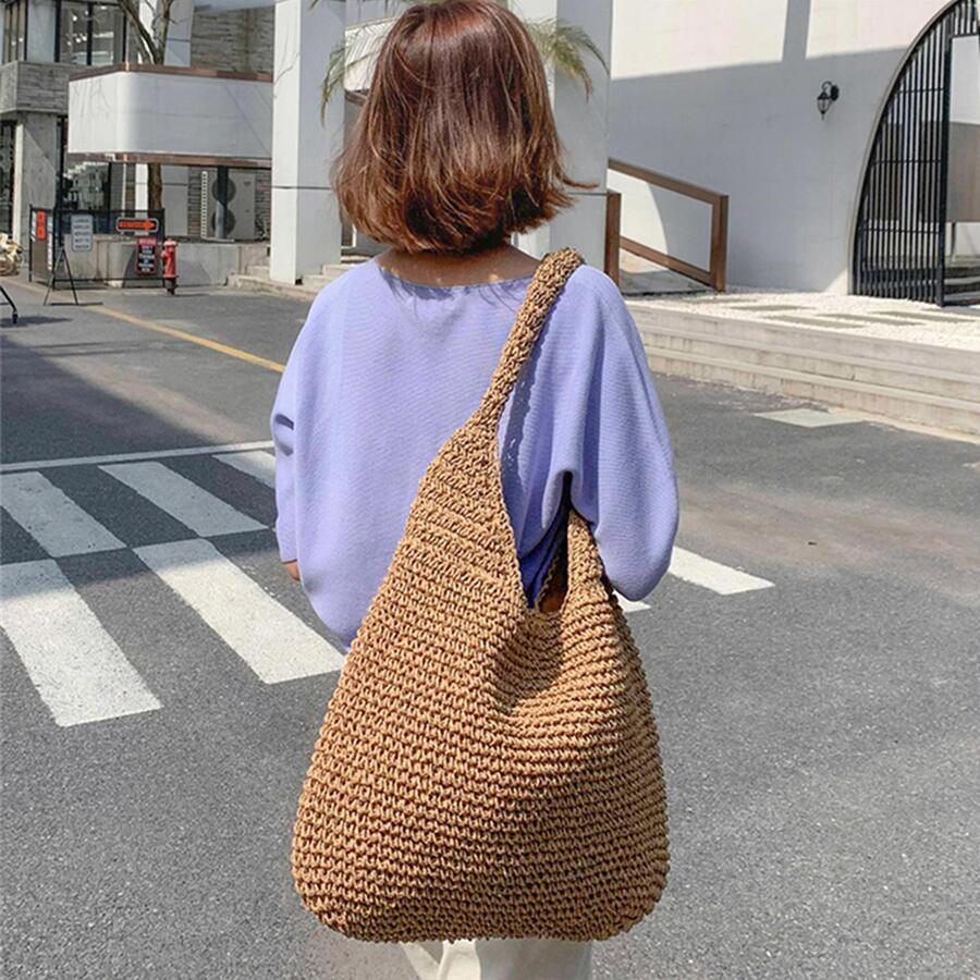 女士时尚编织包单肩腋下包沙滩手工草编包波西米亚风大容量手提包 - 棕色 - 查看 1