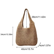 女士时尚编织包单肩腋下包沙滩手工草编包波西米亚风大容量手提包 - 棕色 - 查看 6