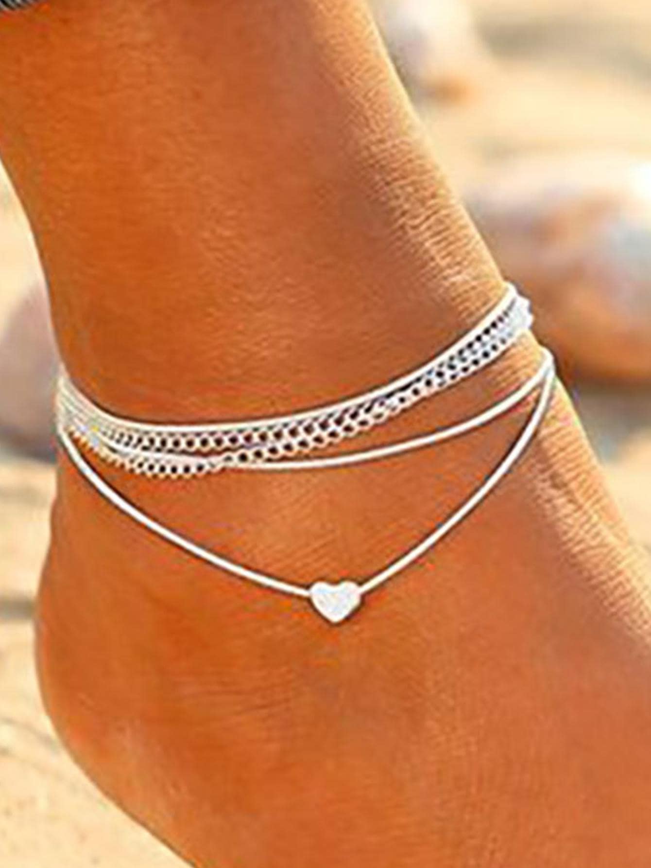 2入組時尚簡約鋅合金愛心裝飾分層腳鏈適合女士適合夏天海灘裝飾用品 - 銀色 - 查看 1