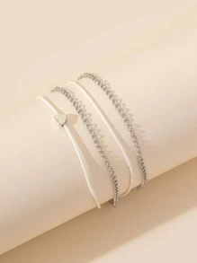 2入組時尚簡約鋅合金愛心裝飾分層腳鏈適合女士適合夏天海灘裝飾用品 - 銀色 - 查看 2