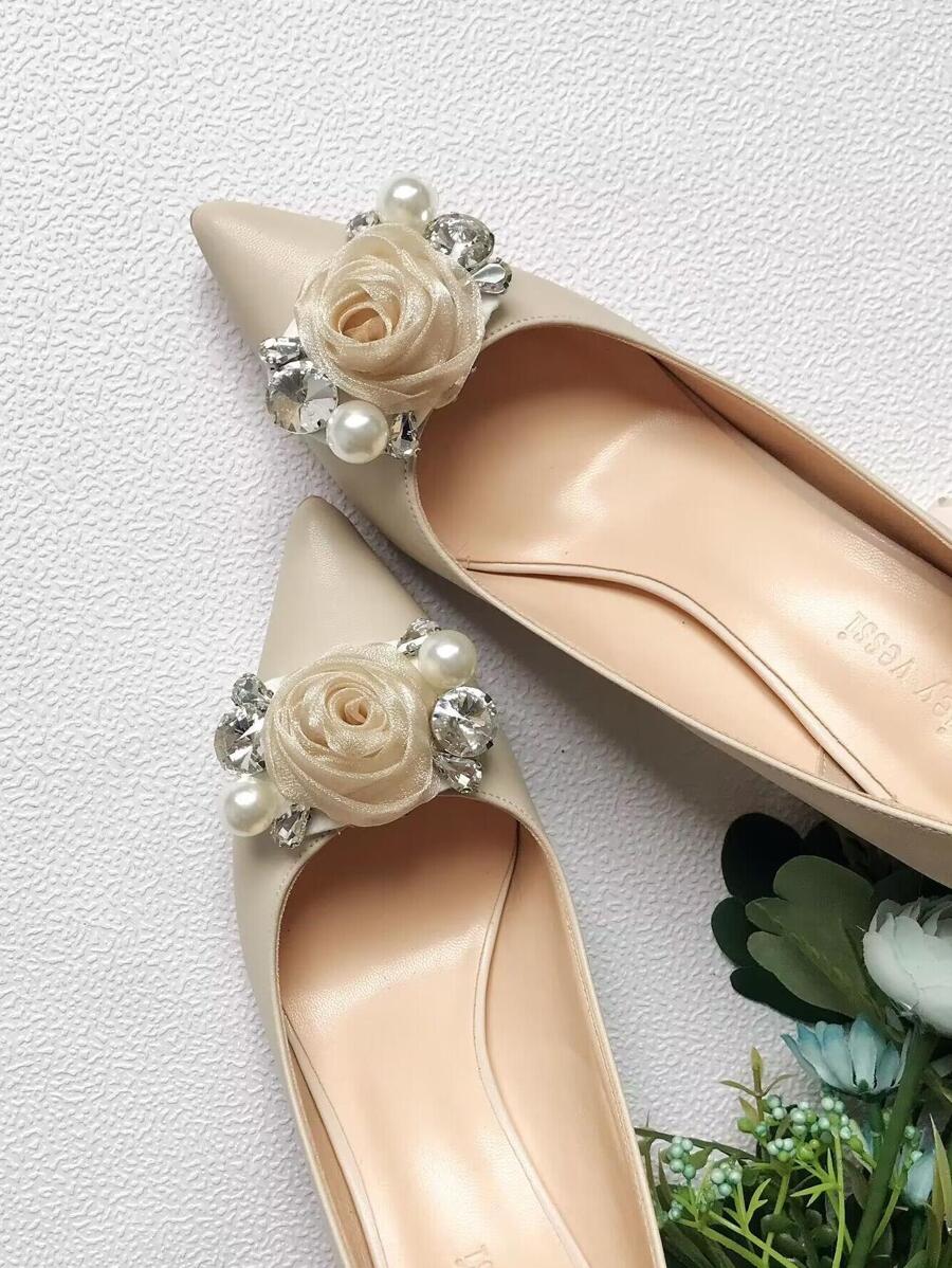 2pcs Flower & Faux Pearl Decor Shoe Decorations, Stylish Shoe Decorations For Pumps - Apricot - View 1