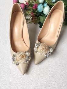 2pcs Flower & Faux Pearl Decor Shoe Decorations, Stylish Shoe Decorations For Pumps - Apricot - View 2