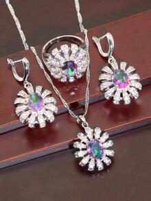 4入組/套流行花卉設計鋯石鑲嵌耳環、戒指、吊墜項鍊婚禮珠寶套裝