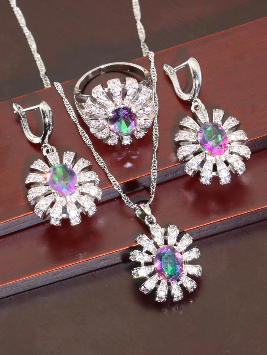 4入組/套流行花卉設計鋯石鑲嵌耳環、戒指、吊墜項鍊婚禮珠寶套裝