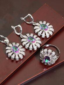 4入組/套流行花卉設計鋯石鑲嵌耳環、戒指、吊墜項鍊婚禮珠寶套裝