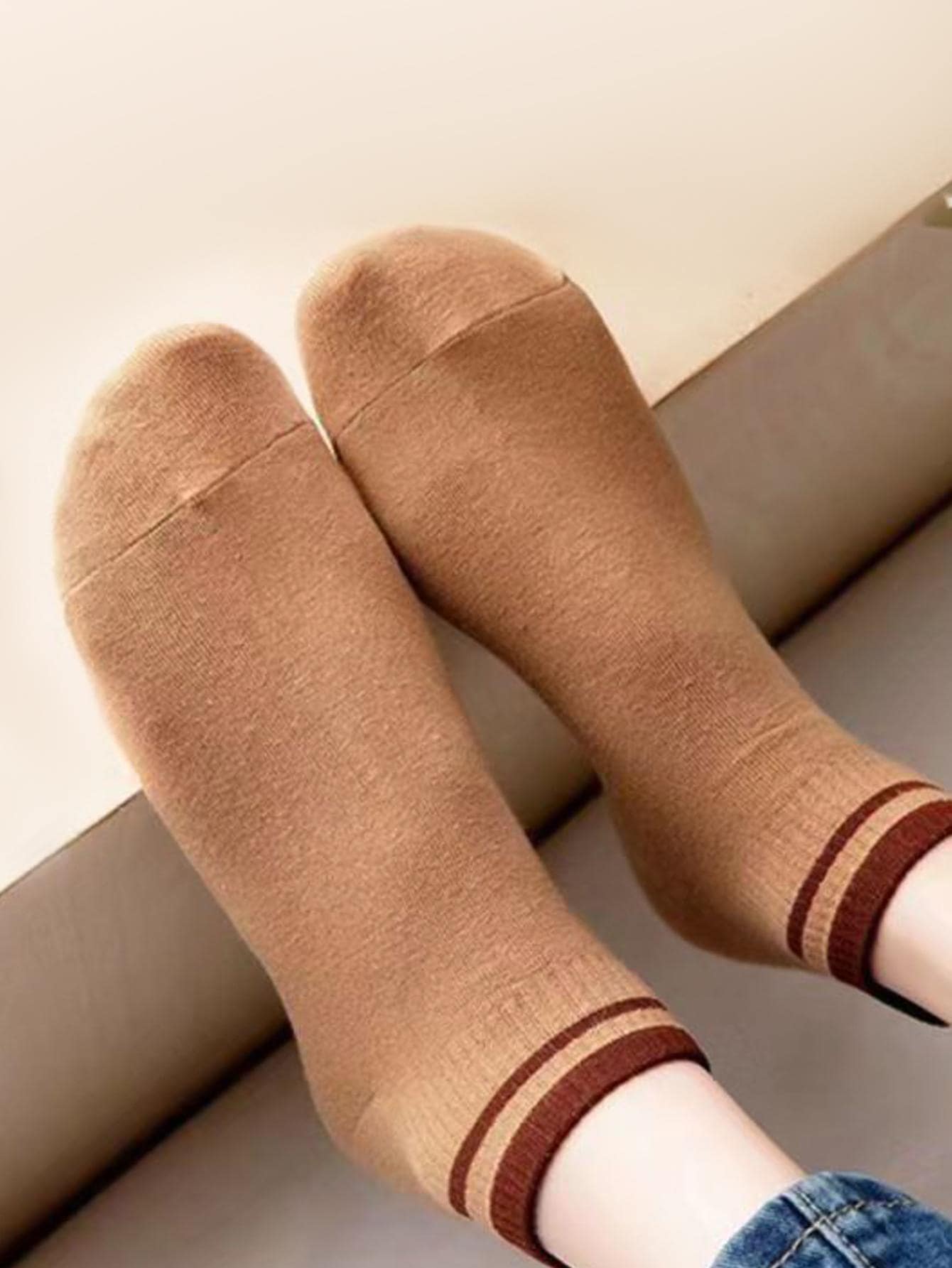 1對女士條紋圖案休閒短襪適合夏天 - 咖啡棕 - 查看 1