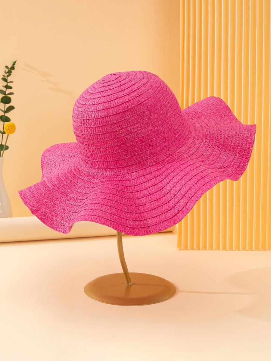 素色草編帽 - 玫紅色 - 查看 1