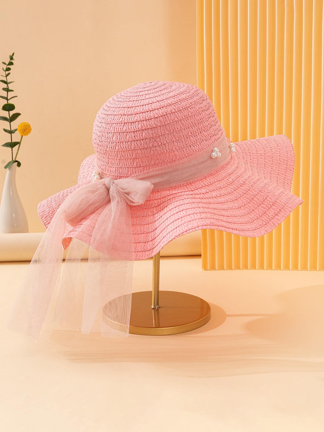 人造珍珠和蝴蝶結裝飾草編帽 - 粉色 - 查看 1