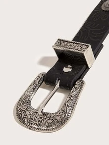 1件全新驼色花卉印花金属纽扣西式PU牛仔连衣裙，适合日常穿着 - 黑色 - 查看 3